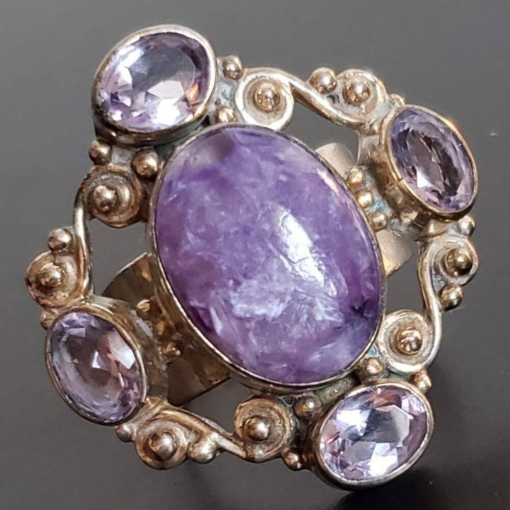 Huge Charoite & Amethyst Ring In Silver Purple Ge… - image 1
